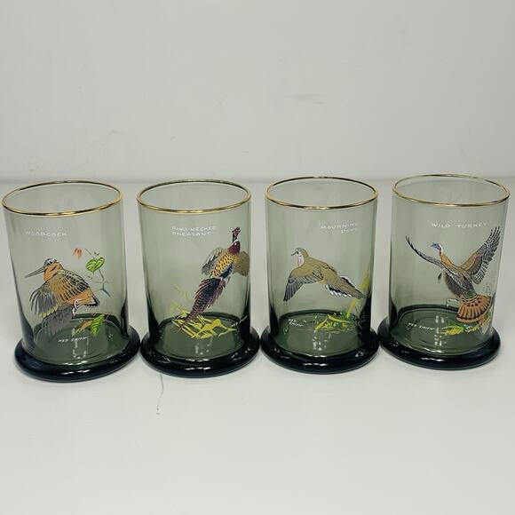 NED SMITH Double Lowball 12 oz Glass Set (4) Smoke Gold Rim Waterfowl Rocks EUC - Picture 2 of 10